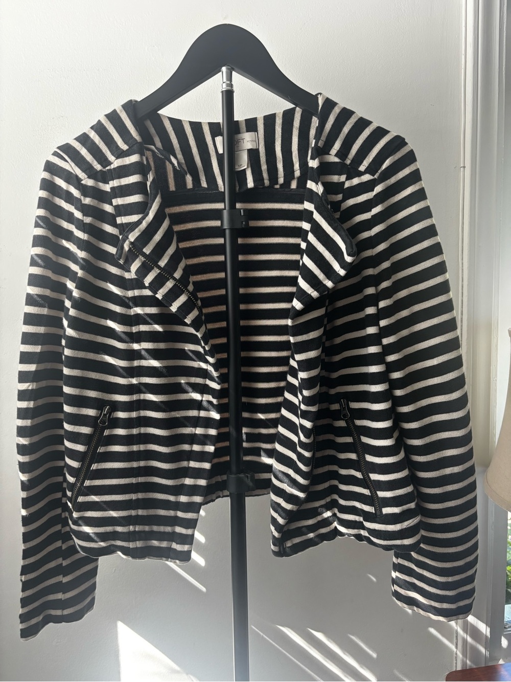 LOFT Black and White Striped Moto Blazer